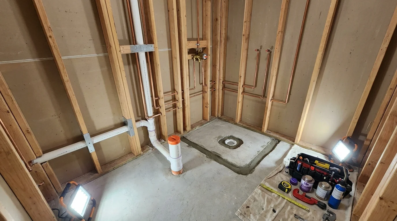 Bathroom rough-in plumbing during remodel by Johns Plumbing LLC in White Sulphur Springs