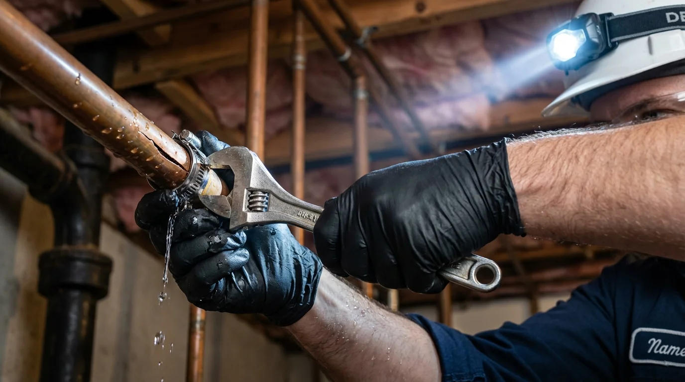 Emergency pipe clamp repair being performed by a Johns Plumbing LLC plumber in White Sulphur Springs