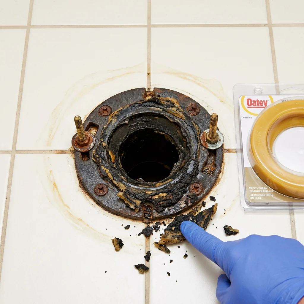 Failed wax ring showing water seepage at the base of a toilet in a White Sulphur Springs, WV home