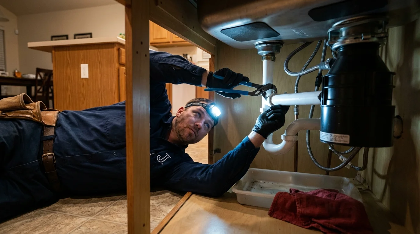 P-trap and supply line connections under a kitchen sink showing a common leak point in White Sulphur Springs, WV